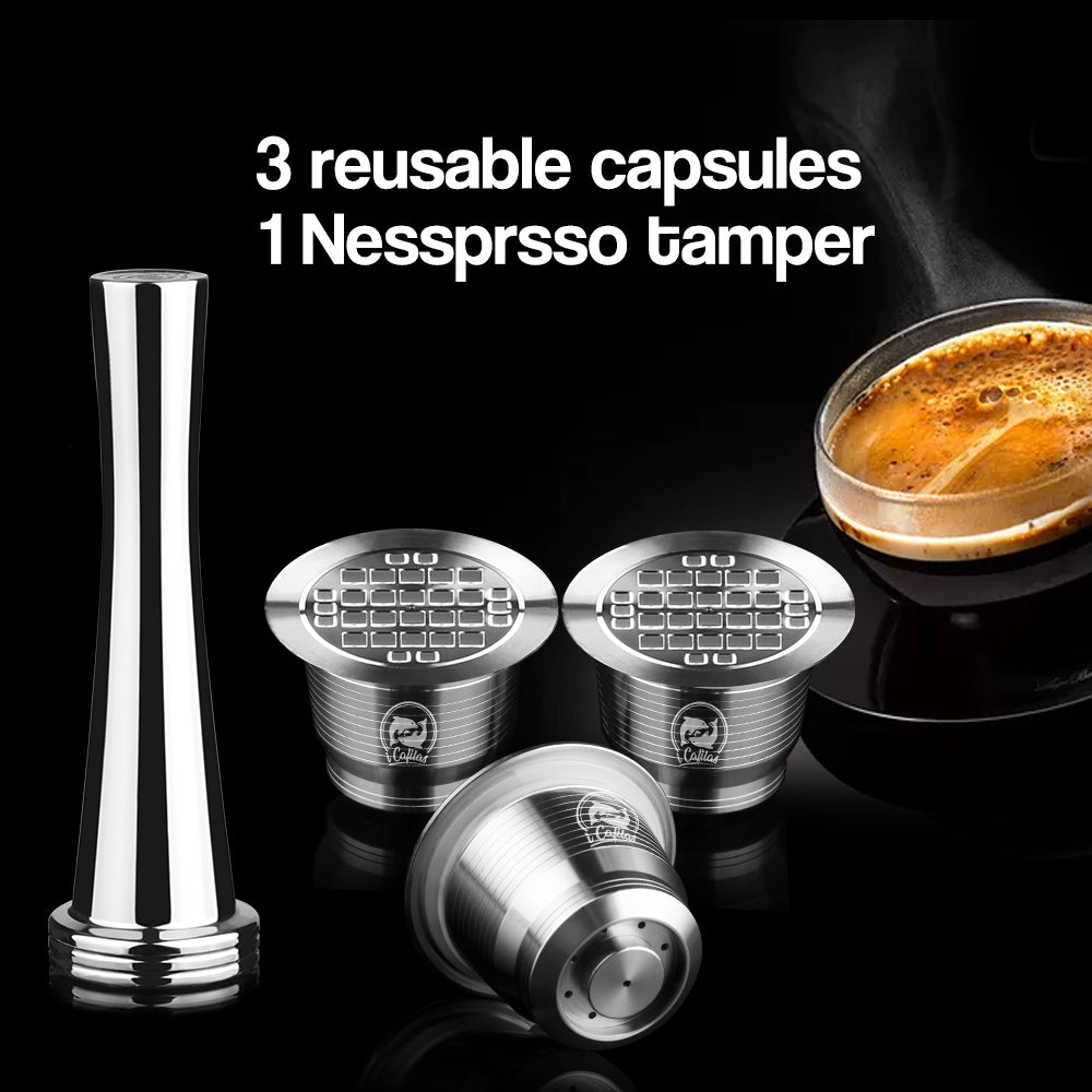 ICafilas 4pcs/Sets Stainless Metal Reusable Nespresso Capsule with Press Coffee Grinds Stainless Tamper Espresso Coffee Maker